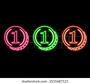 coin icon set. Glowing neon coin with number one symbol, outline symbol. USD currency, token digital currency, financial market and trade, earned money, financial budget, bank money. Vector Icons.2.