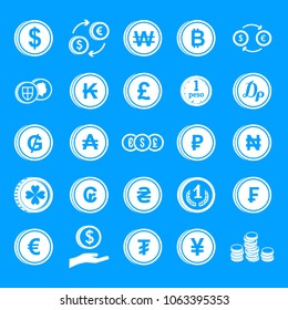 Coin icon set. Simple set of coin vector icons for web design isolated on blue background