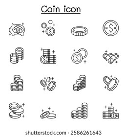 coin icon set in thin line style