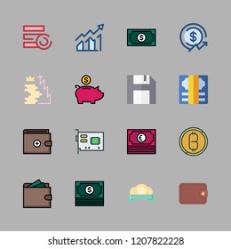 coin icon set. vector set about video card, piggy bank, wallet and coins icons set.