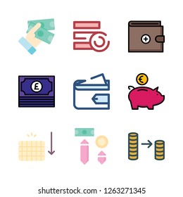 coin icon set. vector set about coin stack, coins, money and wallet icons set.