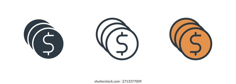 Ilustración vectorial del sistema del icono de la moneda. Línea, glifo, símbolo del color aislado en el fondo blanco