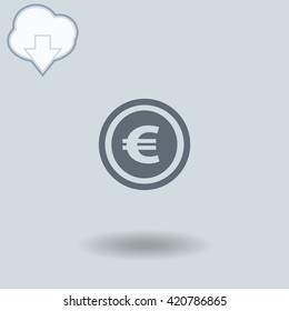 Coin icon with shadow. Cloud of download with arrow.