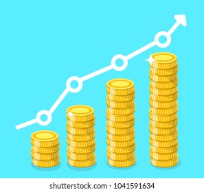 Coin icon. Stack of golden coins with income growth chart. Vector illustration.