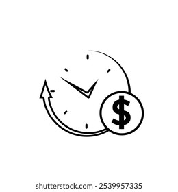 icono de moneda. Es hora de hacer negocios de dinero. Símbolos del reloj y del dólar aislados en el fondo blanco. estilo del diseño del contorno. Plantilla del diseño del Vector
