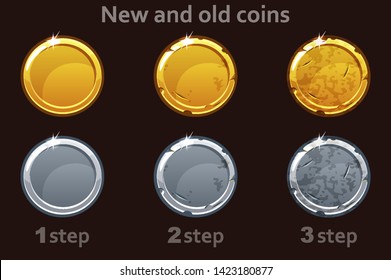 Coin Icon. Vector Gold And Silver Coins. 3 Steps Of Drawing A Coin From New To Old. Icons On A Separate Layer