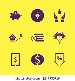 coin icon. coin vector icons set dollar symbol phone, percent down, real estate prices growth and euro piggy bank