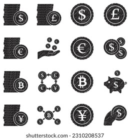 Iconos de monedas. Diseño de esgrima negra. Ilustración vectorial.