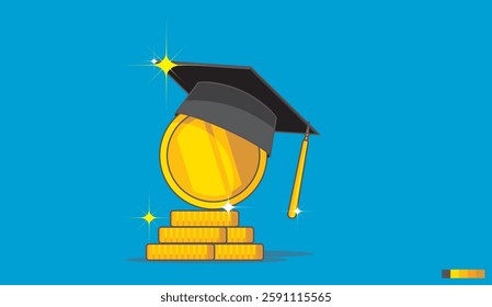 Coin icons of graduation hats that symbolize investment in education, including facilities and materials with money and graduation hats