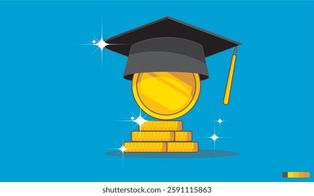 Coin icons of graduation hats that symbolize investment in education, including facilities and materials with money and graduation hats