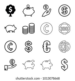 Coin icons. set of 16 editable outline coin icons such as money tree, pig, dollar, euro, piggy bank, 100 casino chip, money box