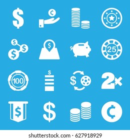 Coin icons set. set of 16 coin filled icons such as Coin, Casino chip and money, Casino bet, dollar, lot price, money box