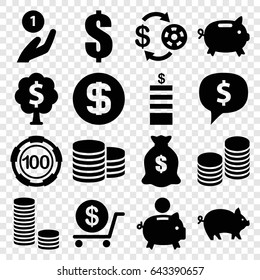 Coin icons set. set of 16 coin filled icons such as pig, casino chip and money, 100 casino chip, dollar, money sack, piggy bank