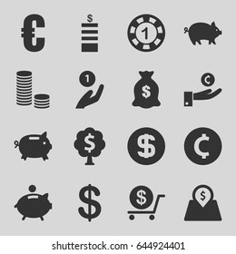 Coin icons set. set of 16 coin filled icons such as pig, 1 casino chip, dollar, money sack, lot price, piggy bank, money tree, euro