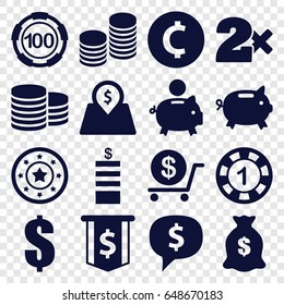 Coin icons set. set of 16 coin filled icons such as 1 casino chip, 100 casino chip, dollar, money sack, lot price, money box, piggy bank, dollar sign in cloud