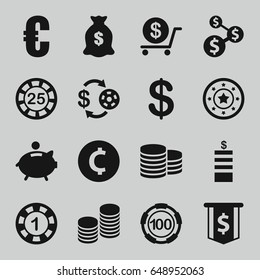 Coin icons set. set of 16 coin filled icons such as casino chip and money, 1 casino chip, dollar, money sack, piggy bank, euro