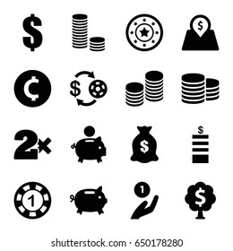 Coin icons set. set of 16 coin filled icons such as casino chip and money, 1 casino chip, dollar, money sack, lot price