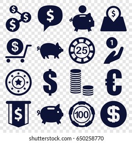Coin icons set. set of 16 coin filled icons such as pig, 25 casino chip, 100 casino chip, casino chip, dollar, lot price, euro, money box