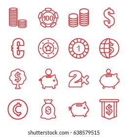 Coin icons set. set of 16 coin outline icons such as 1 casino chip, 100 casino chip, dollar, money sack, coin, piggy bank, money tree, euro, money box, globe dollar