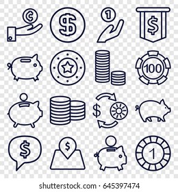 Coin icons set. set of 16 coin outline icons such as pig, casino chip and money, 1 casino chip, lot price, piggy bank, money box, dollar sign in cloud