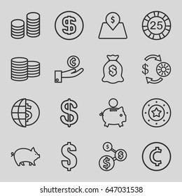 Coin icons set. set of 16 coin outline icons such as pig, casino chip and money, 25 casino chip, casino chip, dollar, money sack, lot price