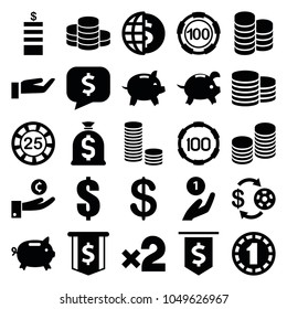 Coin icons. set of 25 editable filled coin icons such as casino chip and money, 25 casino chip, dollar, money box, globe dollar, money sack