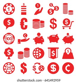 Coin icons set. set of 25 coin filled icons such as casino chip and money, 1 casino chip, dollar, lot price, piggy bank, money tree, euro