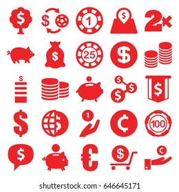 Coin icons set. set of 25 coin filled icons such as pig, casino chip and money, 1 casino chip, dollar, money sack, lot price, piggy bank, money tree