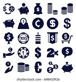 Coin icons set. set of 25 coin filled icons such as casino chip and money, 1 casino chip, dollar, money sack, lot price, piggy bank