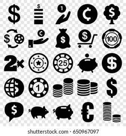 Coin icons set. set of 25 coin filled icons such as pig, casino chip and money, 1 casino chip, dollar, money sack, piggy bank