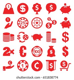 Coin icons set. set of 25 coin filled icons such as pig, casino chip and money, 1 casino chip, dollar, money sack, lot price, piggy bank, money tree