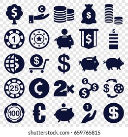 Coin icons set. set of 25 coin filled icons such as pig, casino chip and money, 1 casino chip, dollar, money sack, piggy bank