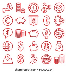 Coin icons set. set of 25 coin outline icons such as pig, casino chip and money, 1 casino chip, dollar, money sack, lot price, euro
