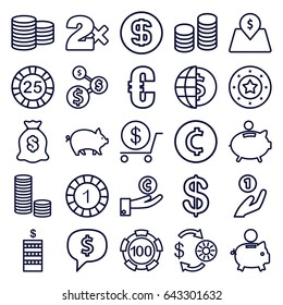 Coin icons set. set of 25 coin outline icons such as pig, casino chip and money, 1 casino chip, dollar, money sack, lot price, piggy bank