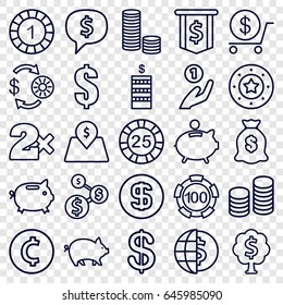 Coin icons set. set of 25 coin outline icons such as pig, casino chip and money, 1 casino chip, dollar, money sack, lot price