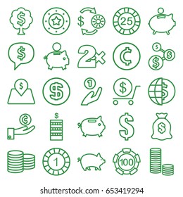 Coin icons set. set of 25 coin outline icons such as pig, casino chip and money, 1 casino chip, dollar, money sack, lot price