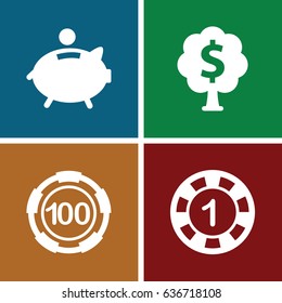 Coin icons set. set of 4 coin filled icons such as 1 casino chip, 100 casino chip, piggy bank
