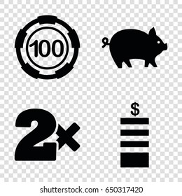Coin icons set. set of 4 coin filled icons such as pig, coin, 100 casino chip