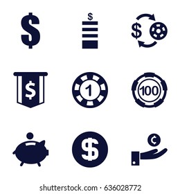 Coin icons set. set of 9 coin filled icons such as casino chip and money, 1 casino chip, 100 casino chip, dollar, piggy bank