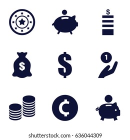 Coin icons set. set of 9 coin filled icons such as casino chip, dollar, money sack