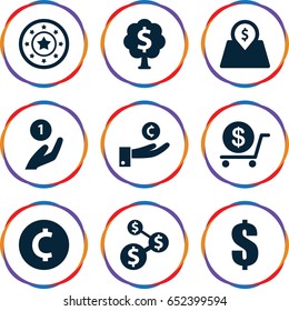 Coin icons set. set of 9 coin filled icons such as casino chip, dollar, lot price, money tree