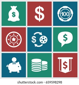 Coin icons set. set of 9 coin filled icons such as coin, casino chip and money, 100 casino chip, casino chip, money sack, piggy bank, dollar sign in cloud