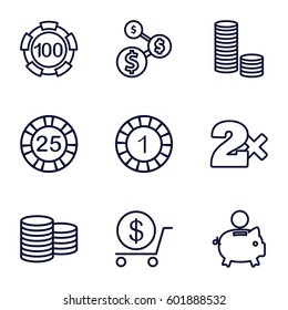 coin icons set. Set of 9 coin outline icons such as Coin, 1 casino chip, dollar, Casino bet, piggy bank