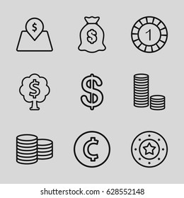 Coin icons set. set of 9 coin outline icons such as Coin, 1 casino chip, Casino chip, money sack, lot price