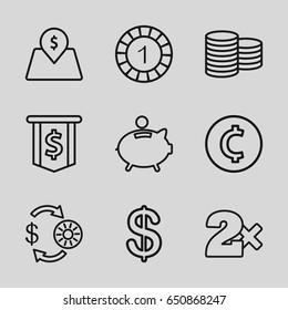 Coin icons set. set of 9 coin outline icons such as casino chip and money, 1 casino chip, casino bet, lot price, piggy bank