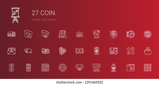 coin icons set. Collection of coin with candy machine, bank, pig, slot machine, money, currency, wallet, cash, salary, signs, gold, coins, purse. Editable and scalable coin icons.