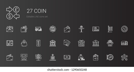 coin icons set. Collection of coin with wallet, cash, bank, signs, supermarket gift, poker, currency, purse, money, parking meter, coins, sign. Editable and scalable coin icons.