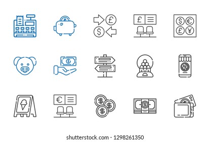 coin icons set. Collection of coin with wallet, money, bank, sign, candy machine, signs, cash, pig, coins, currency, savings, cash register. Editable and scalable coin icons.