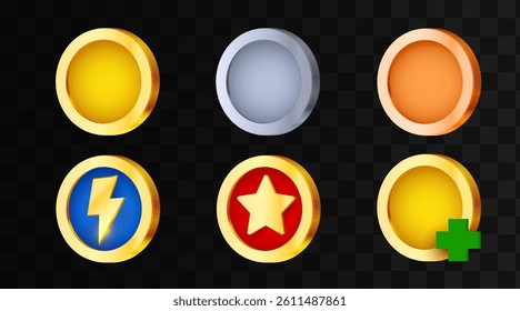 Coin icons set for game development. Money or prize concept. Vector illustration