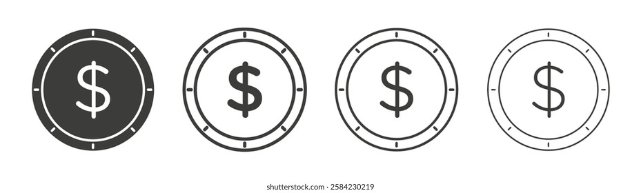 Coin icons set. Liner outlined and flat black color